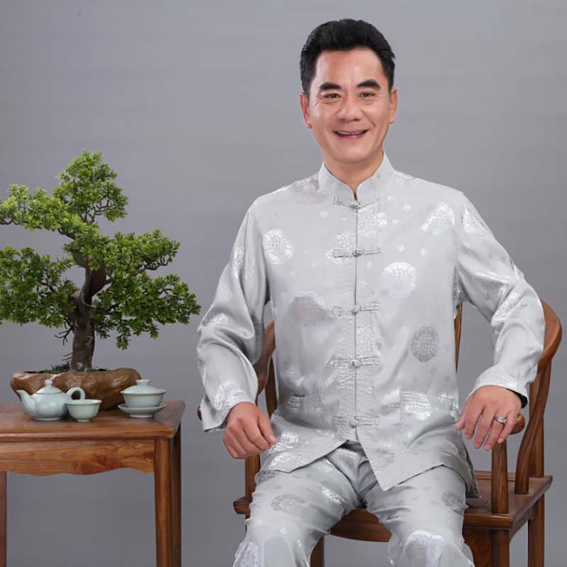 Chinese Style Tang Suit Men's Suit for Middle-aged and Elderly People's Birthday Celebration Chinese Style Hanfu Silk Long Sleeve Shirt for Dad