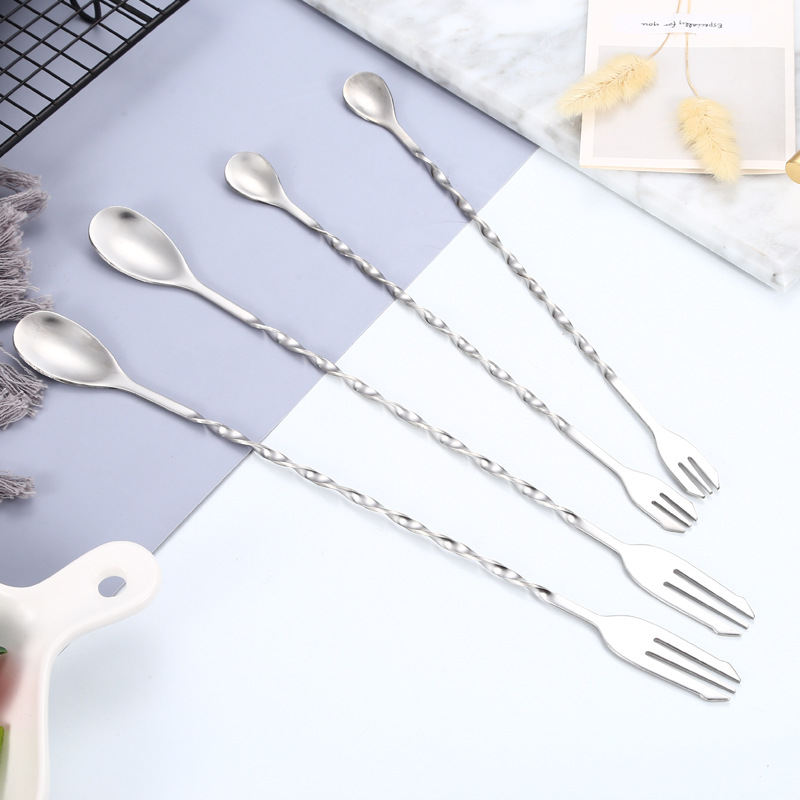 304 Stainless Steel Bar Mixing Spoon Bar More Double Head Long Handle Bar Spoon Creative Spiral Milk Tea Mixing Rod Mixing Spoon