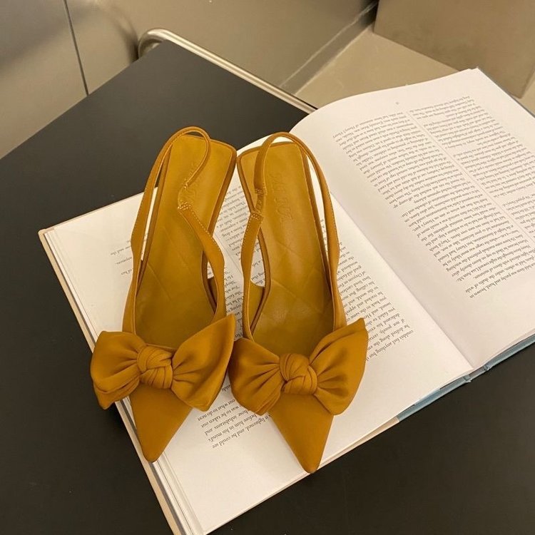 2022 Summer New Korean Style Fashionable Pointed Toe Baotou Leg Bow High Heel Sandals Thin Heel Women's Shoes