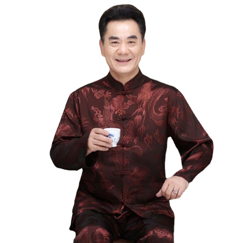 Chinese Style Tang Suit Men's Suit for Middle-aged and Elderly People's Birthday Celebration Chinese Style Hanfu Silk Long Sleeve Shirt for Dad