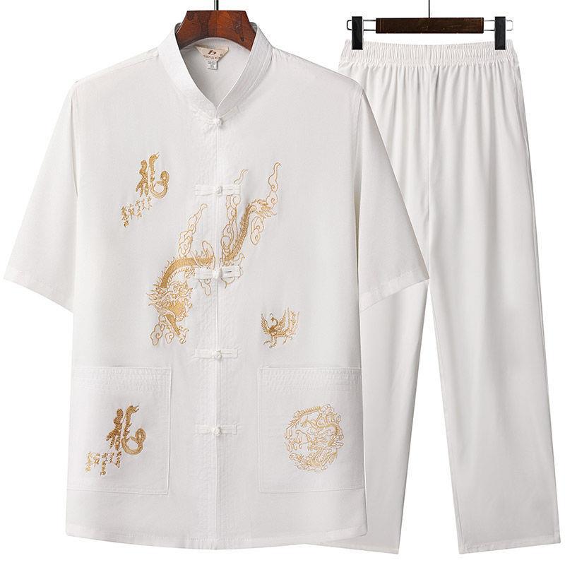 Middle-aged and Elderly Tang Suit Men's Chinese Style Summer Short-sleeved suit Grandpa's Taiji Hanfu Old Man's Clothes Dad's Summer Clothes