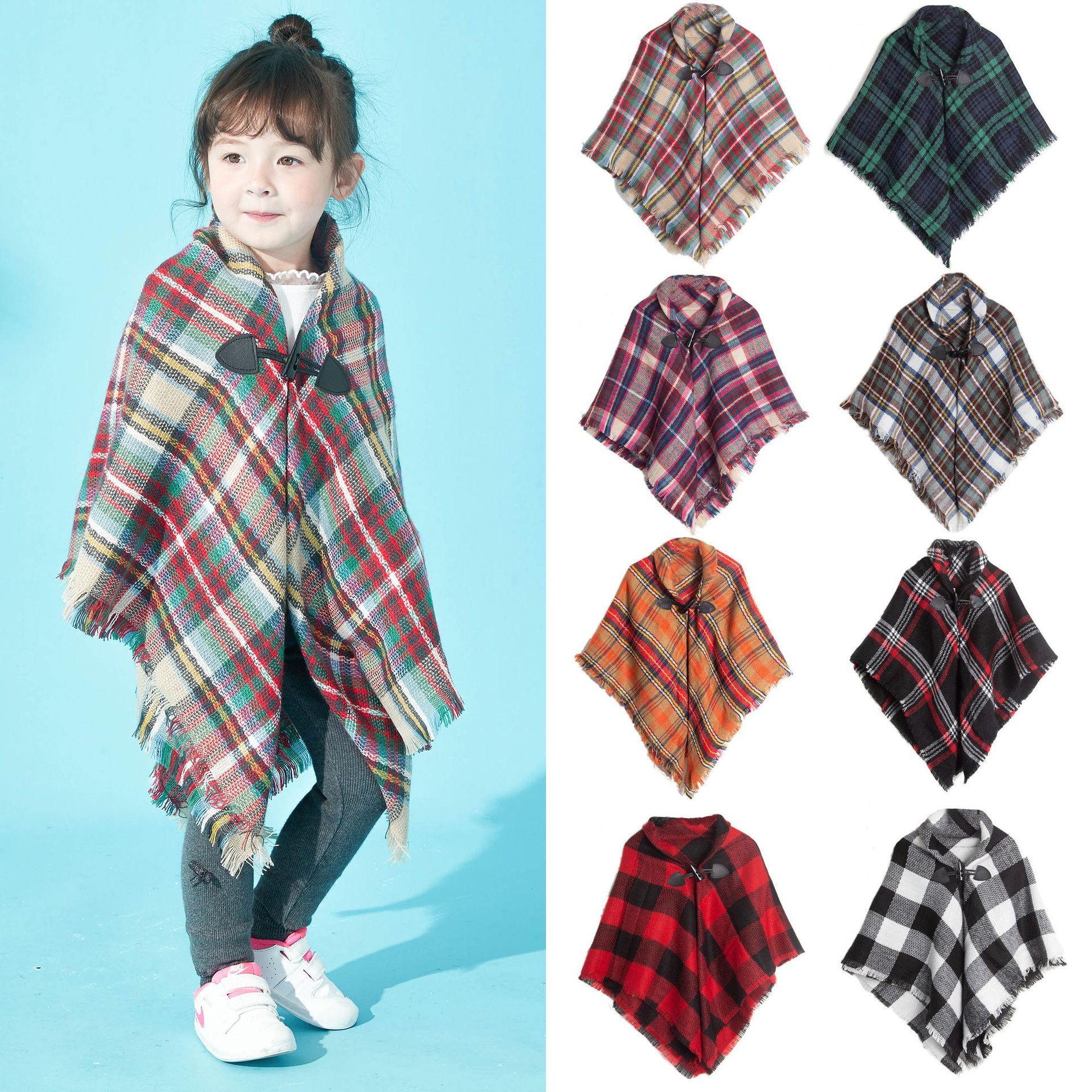 Directly Supplied from the Manufacturer, Amazon's Popular European and American Autumn and Winter New Style Parent-Child Children's Toggle Plaid Cape Shawl