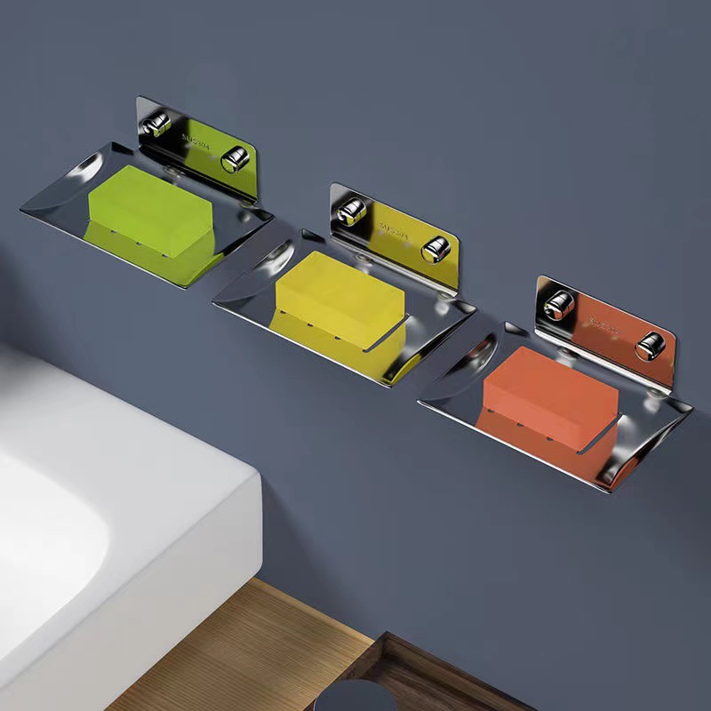 304 Stainless Steel Soap Box Drain Soap Dish Wall-Mounted Soap Rack Punch-Free Creative Hand Sanitizer Rack
