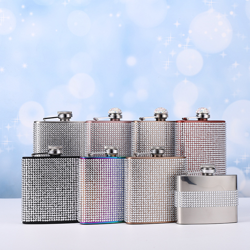 Cross-border wholesale spot stainless steel diamond-encrusted hip flask 6oz portable 5oz hip flask A diamond rhinestone AB diamond