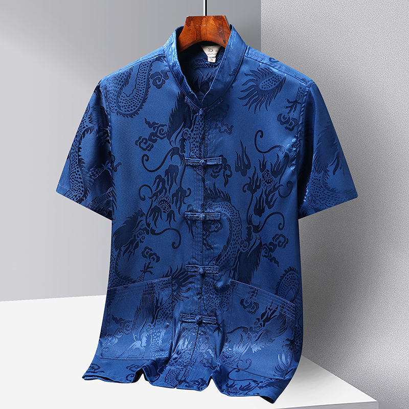 Tang Suit Men's Ice Silk Antique Short-sleeved Shirt for Middle-aged and Elderly New Chinese Hanfu for Dad and Grandpa Morning Exercise Taiji Suit for Summer
