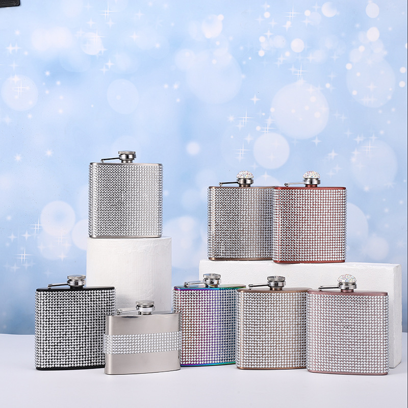 Cross-border wholesale spot stainless steel diamond-encrusted hip flask 6oz portable 5oz hip flask A diamond rhinestone AB diamond
