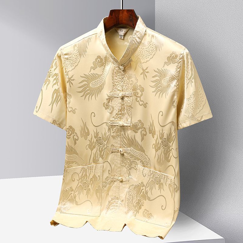 Tang Suit Men's Ice Silk Antique Short-sleeved Shirt for Middle-aged and Elderly New Chinese Hanfu for Dad and Grandpa Morning Exercise Taiji Suit for Summer