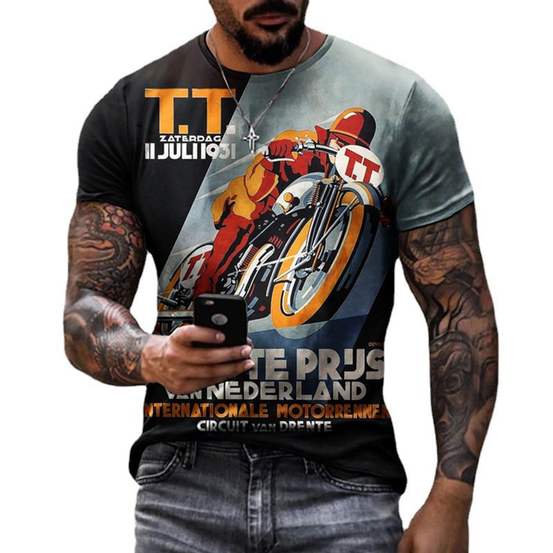 European and American Foreign Trade New Motorcycle Short Sleeve Casual 3D Printing Loose Pullover Men's T-shirt Cross-border 2022