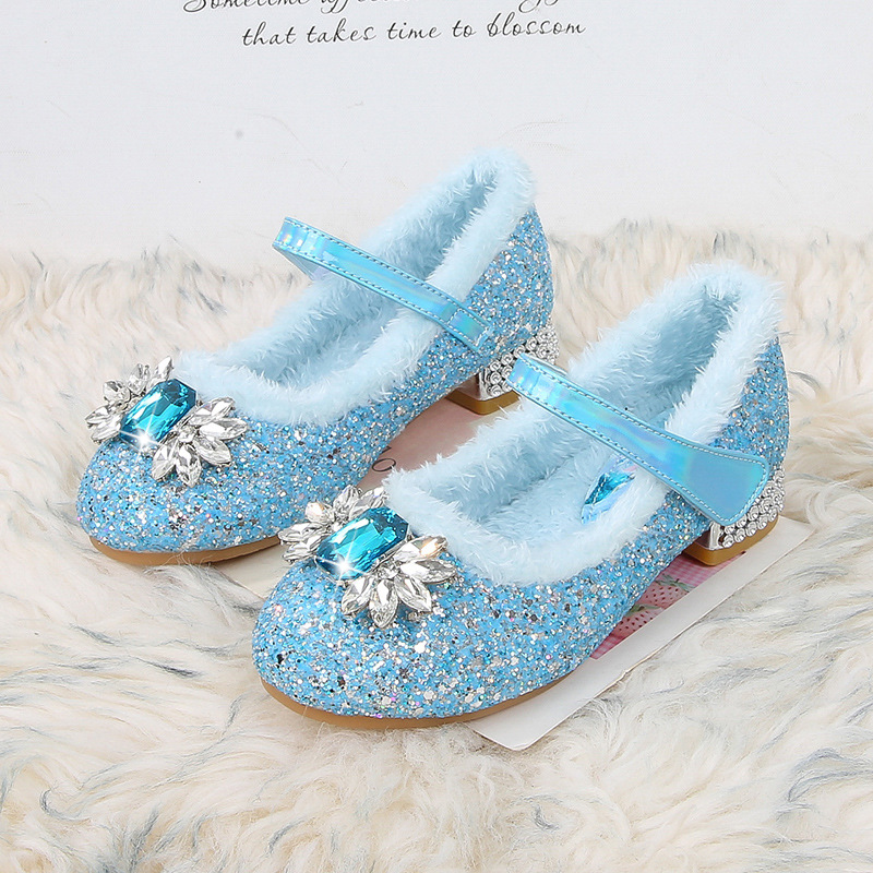 Girls' princess shoes winter New fleece-lined warm shoes middle and big children's shoes Children's crystal shoes little girl's shoes