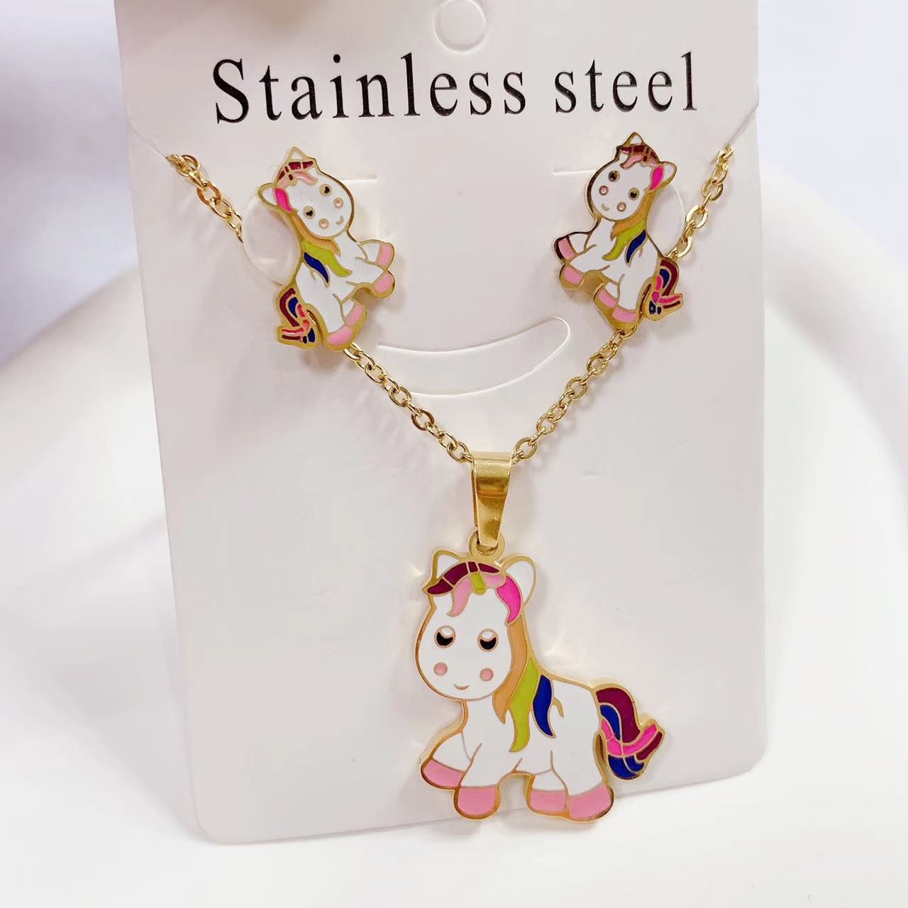 New Special Sale Fashion Pony Cute Cartoon Titanium Steel Necklace Women's high quality Color Preservation Necklace Earrings suit