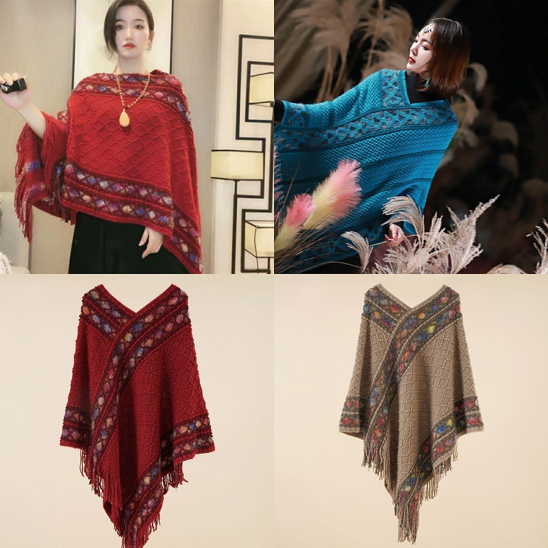 Spring and Autumn New Ethnic Style Pullover Diamond Platter Shawl Tassel Poncho Women's Fashionable All-match Travel Jacket