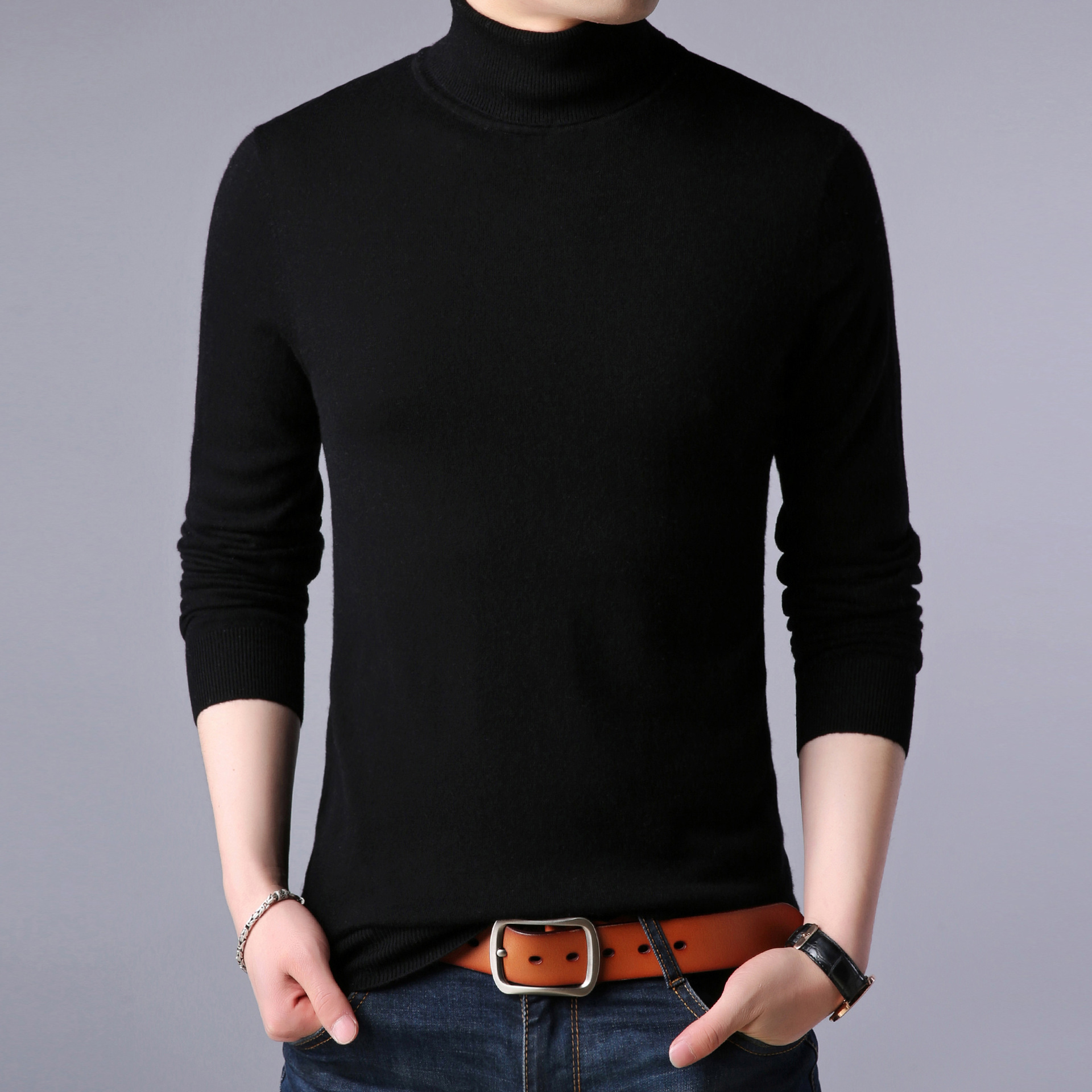Worsted Turtleneck Cardigan Men's Medium Thick Warm Pure Color Sweater Counter Supply 100% Pure Wool Bottoming Shirt for Men
