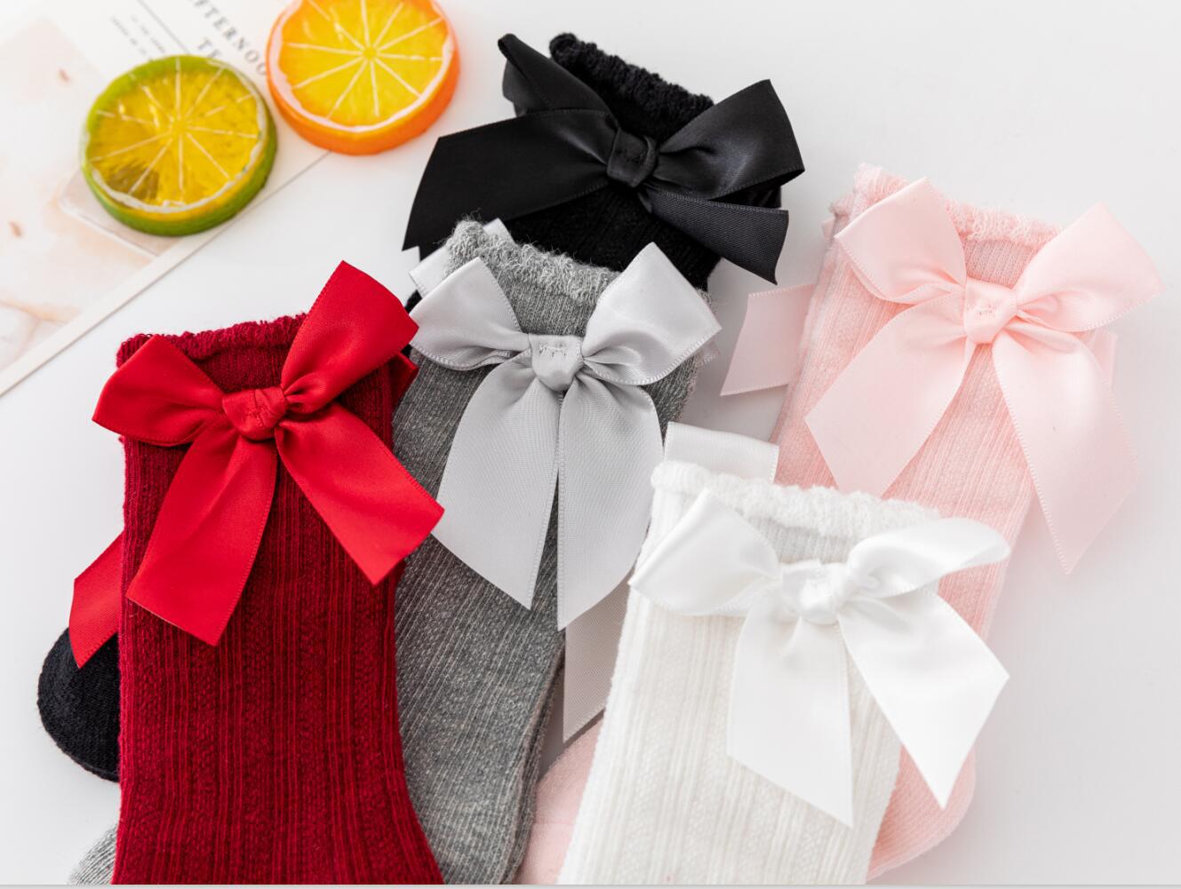 New Pure Color Stripesd Stockings for Boys and Girls, Pure Cotton Non-Slip Bubble Mouth Baby Bow Mid-Calf Socks Wholesale