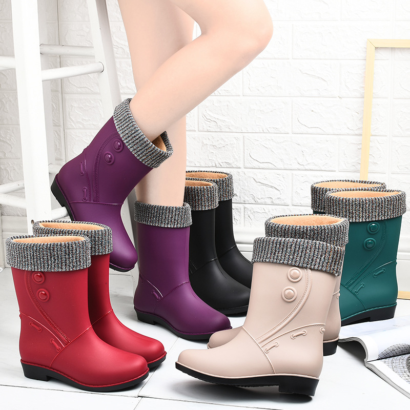 Fashionable Velvet Rain Boots for Women, Warm High School Rain Boots, Winter Pure Color Low Heel Non-Slip Snow Boots, Pvc Rubber Shoes for Going Out