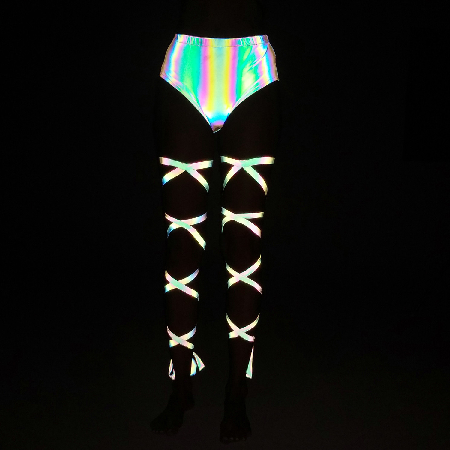 2025 European and American Cross-Border Colorful Reflective I-Shaped Leggings with Female Nightclub Stage Performance Sexy Colorful Luminous Leg Rings