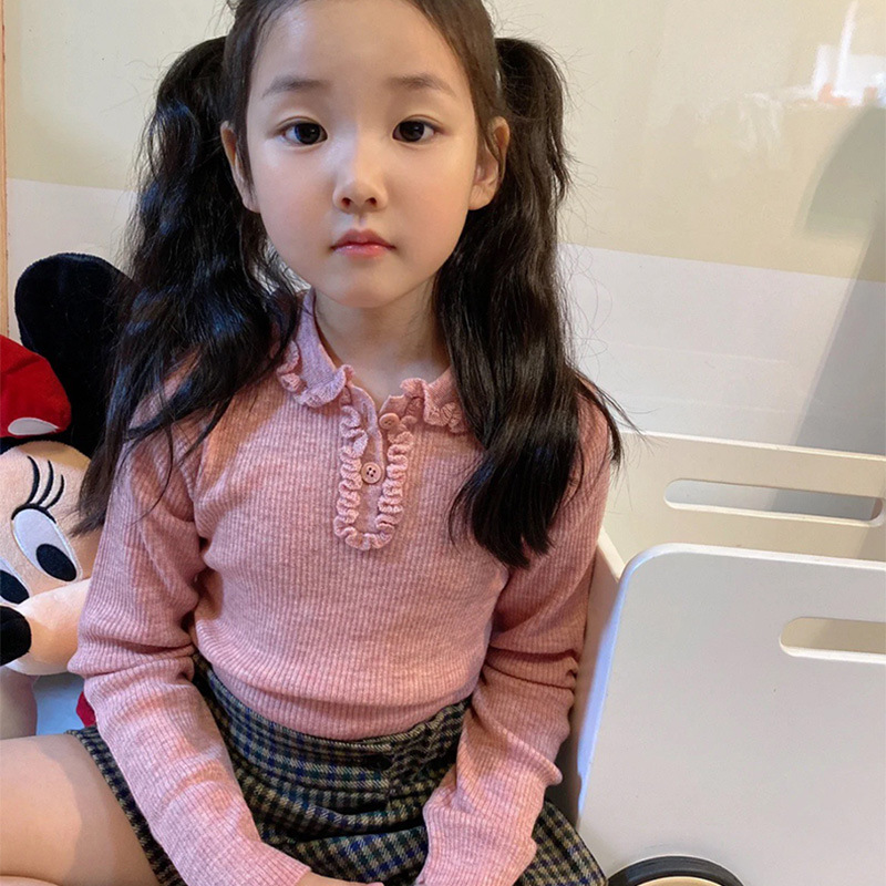 Spring and Autumn Girls' Wool Lapel Base Shirt Fungus Lace Pit Knit Thin Long Sleeve Pullover New Product