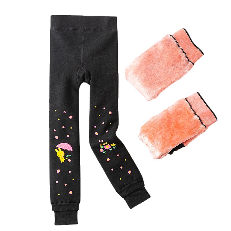 Girls' Leggings Spring and Autumn Fleece-Lined Thickened Cotton Pants for Outer Wear Middle and Large Children's Girls Black Tight Warm Pants High Waist