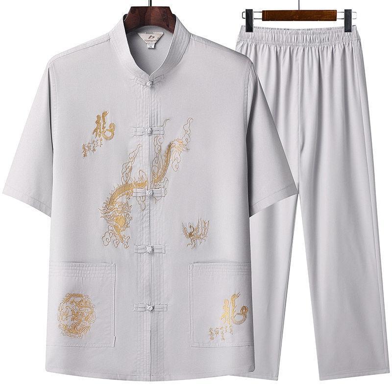 Middle-aged and Elderly Tang Suit Men's Chinese Style Summer Short-sleeved suit Grandpa's Taiji Hanfu Old Man's Clothes Dad's Summer Clothes
