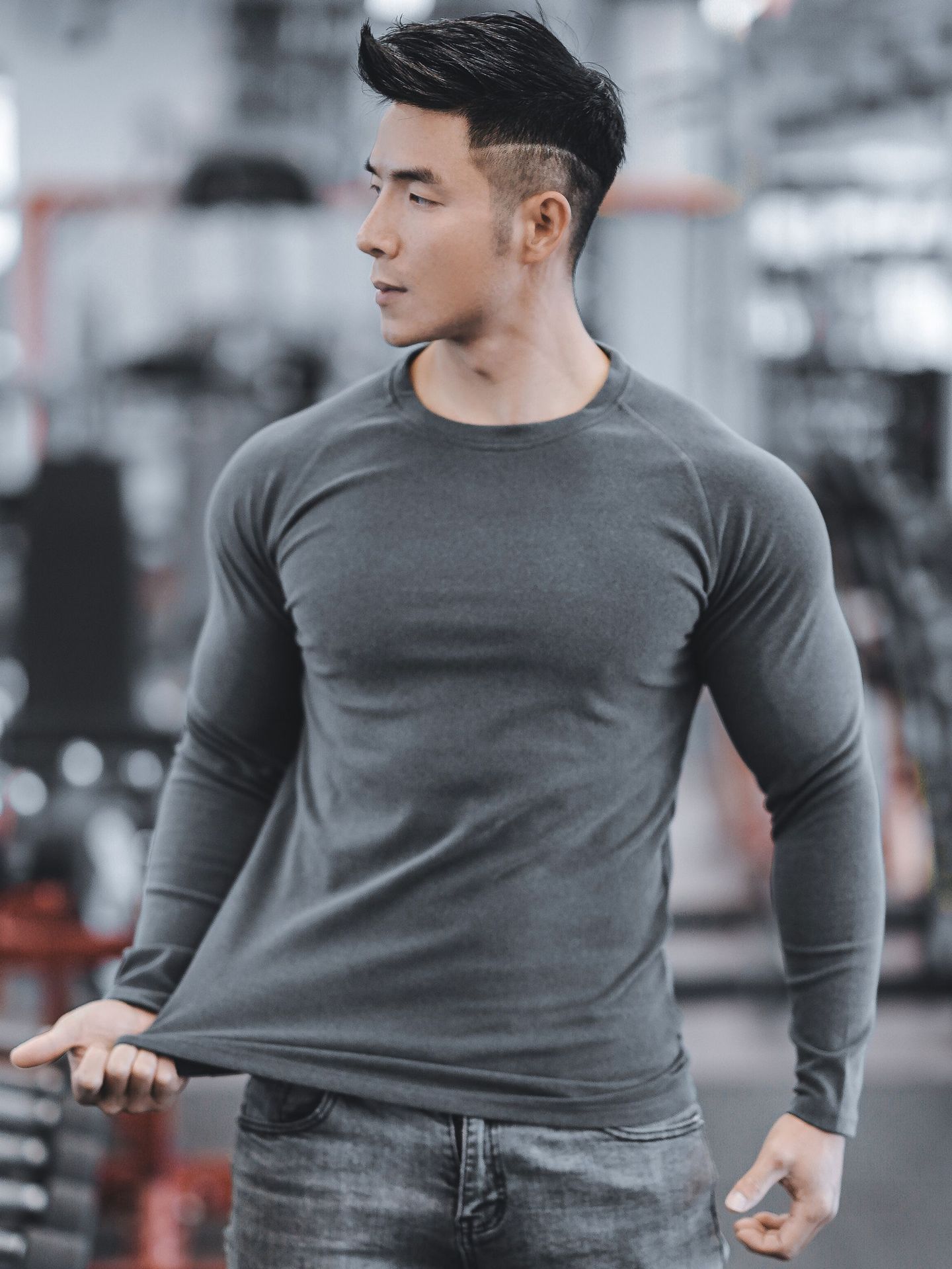 Muscle Autumn and Winter New Men's Sports Leisure Running Fitness Pure Color Pony Same Style Double-Sided German Velvet Raglan Long Sleeves