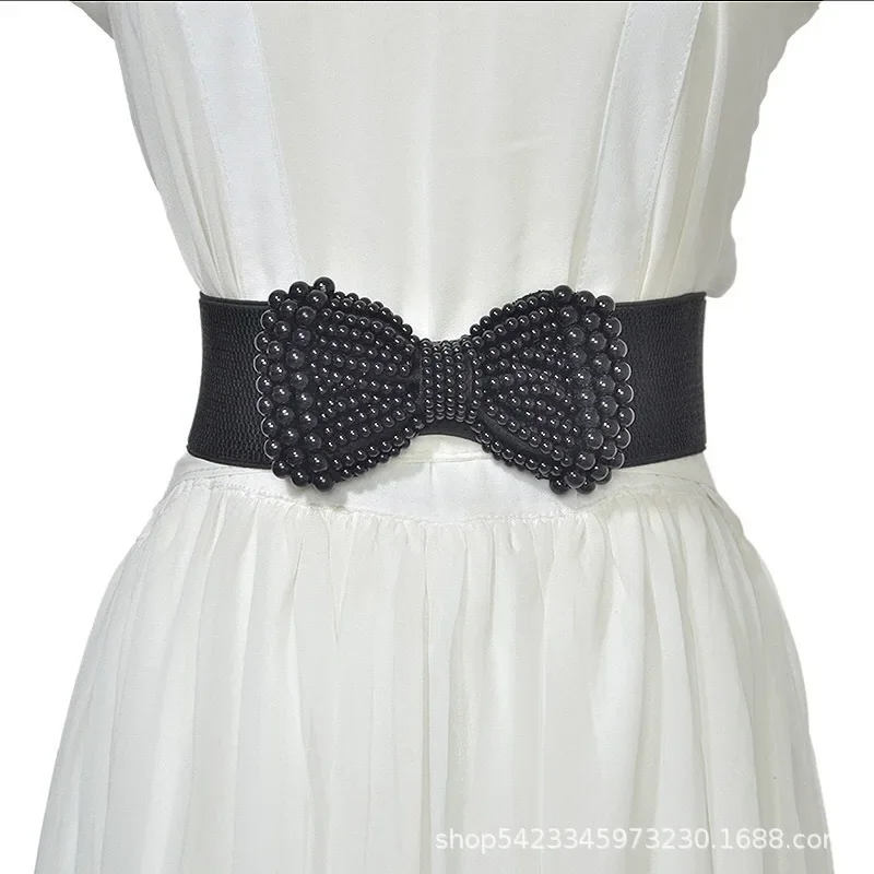 Special Price New Bow Pearl Elastic Elastic Hand-stitched Pearl Belt Women's Elastic Wide Waist Cover