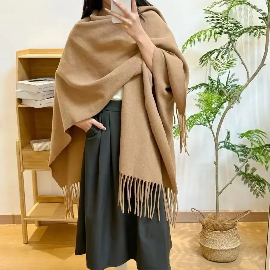 Korean Style Pure Color Tassel Shawl for Women Thickeneded Dual-Purpose Air-Conditioning Blanket Cloak Cloak Warm Scarf Classy