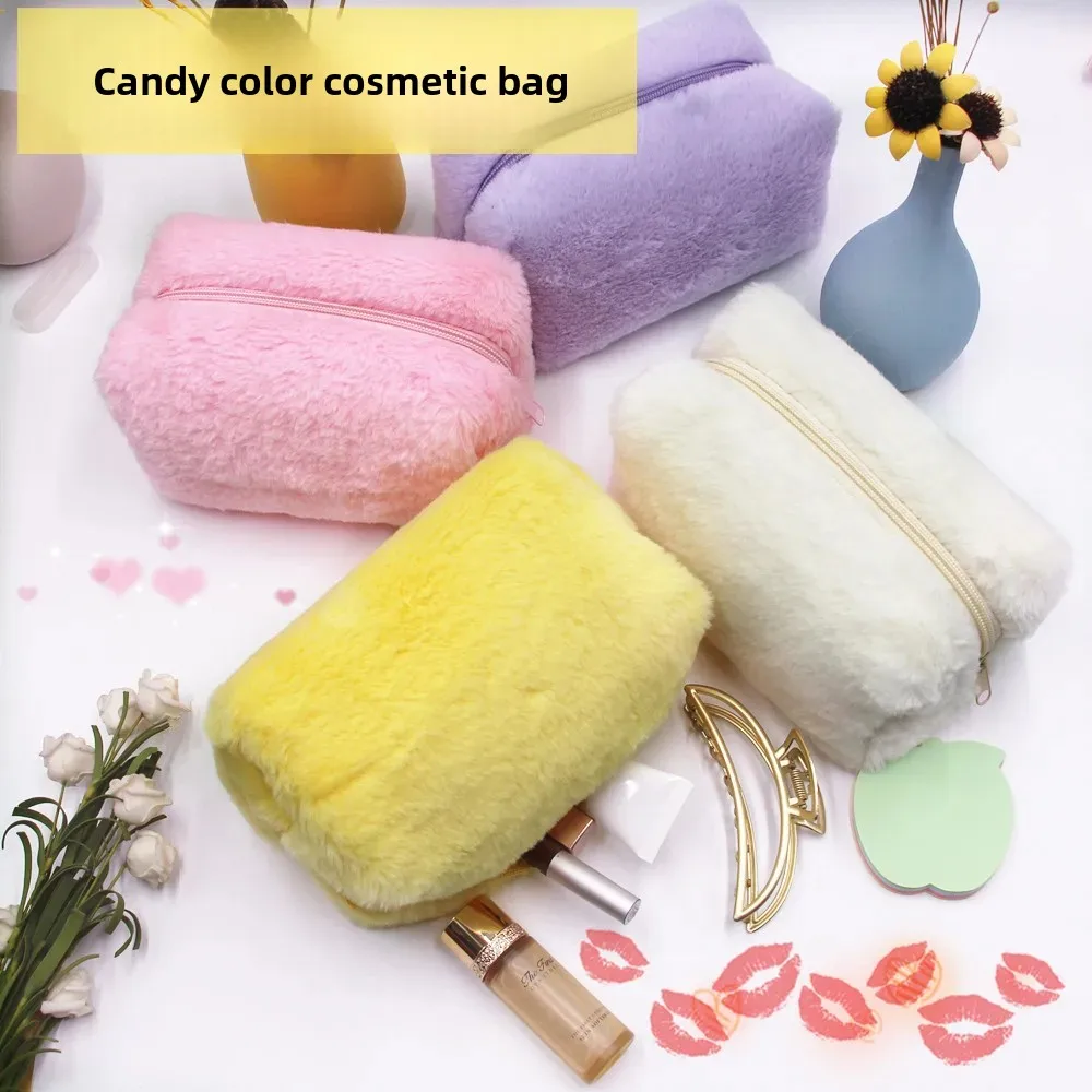 Ins Girl's Solid Color New Plush Pencil Bag Handbag Candy Color Portable Sweet Soft Waxy Cosmetic Bag Pencil Bag