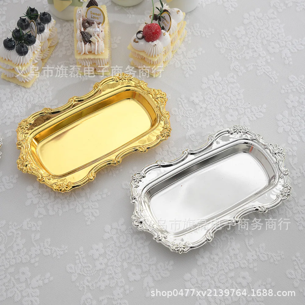 Middle Eastern Accessible Luxury Metal Tray Gold-Rimmed Silver Snack Fruit Snack Cake Rectangular Storage Plate Display Plate