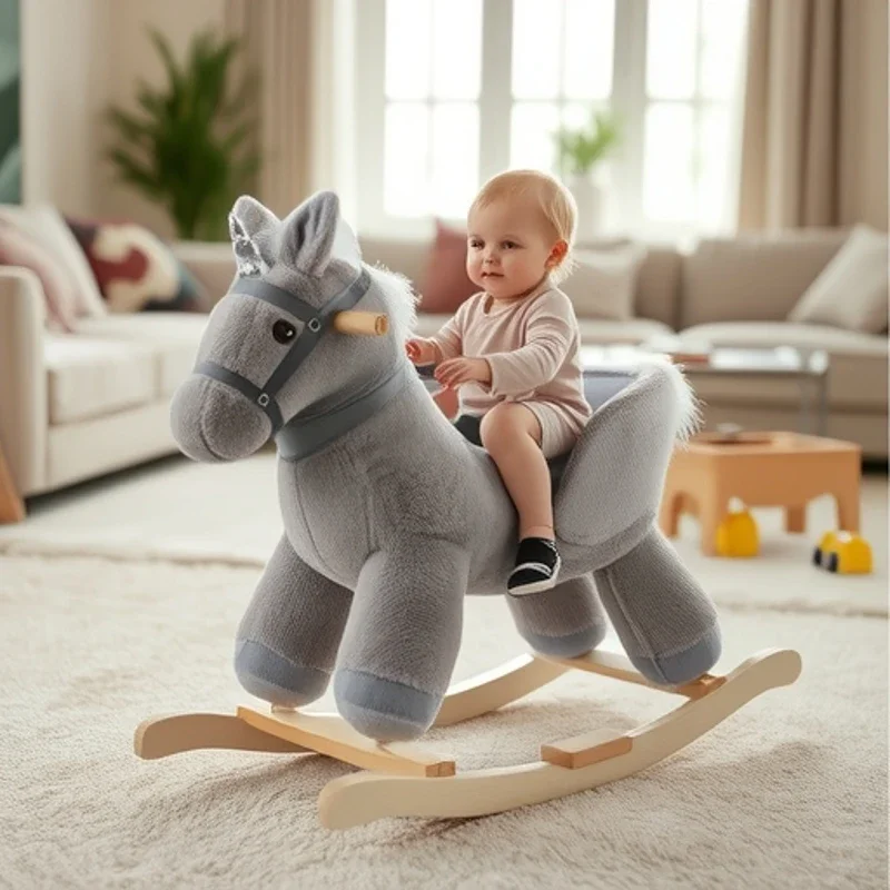 Trojan Kidsren's Rocking Horse Plush Toy Wooden Base Music Soothing Rocking Chair Cross-Border Baby Rocking